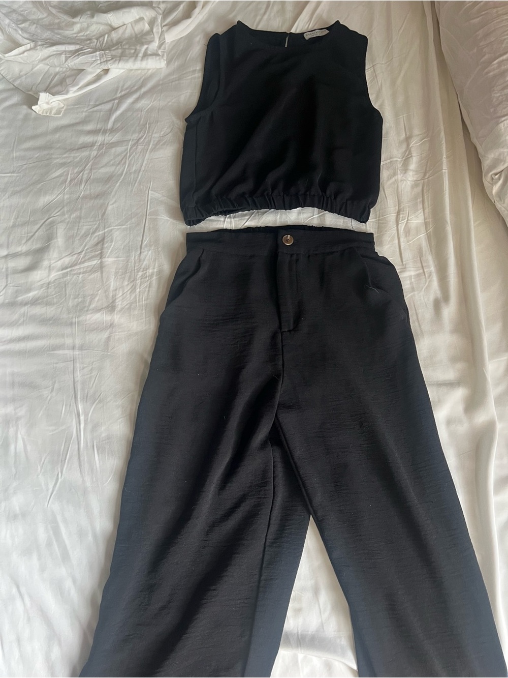 Black Womans Matching Set - Top and Wide-Leg High-Rise Pants